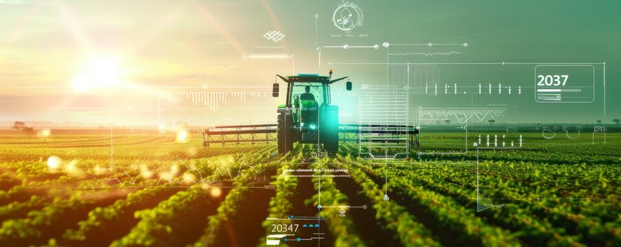 Futuristic agriculture scene with a tractor working in a field at sunrise