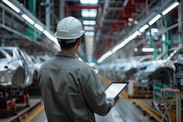 Obraz premium An automotive technician attentively reviews a checklist on a tablet while inspecting a new car in an industrial factory setting.