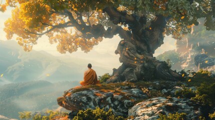 A monk meditating under an old tree.