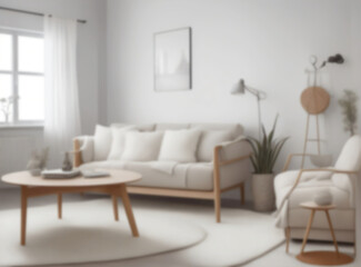 A blurred background image of a serene living room, awash with natural light, invites relaxation with its modern sofa, elegant wood accents, and minimalist charm.