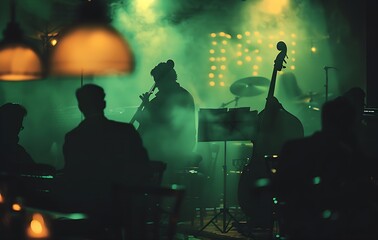 Live chamber music concert. Silhouettes of musicians playing cello, violin, guitar and other musical instruments. Dark key green yellow vintage colors
