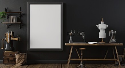 Industrial Chic: 3D Rendering of Blank Frame Mockup in Minimalistic Design Studio