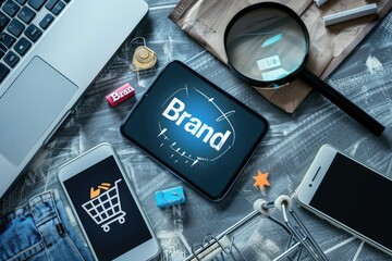 Digital tablet displaying brand and marketing icons magnified by a glass, symbolizing brand analysis and strategic planning.