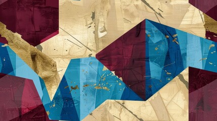 Seamless pattern of geometric abstract with gold leaf, blue, and maroon triangles, perfect for bold graphic designs or decor.