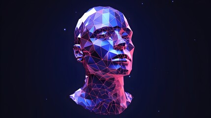  Embark on a journey of imagination with a mesmerizing low poly style human head, representing the essence of intelligence and AI, intricately rendered in polygon vector wireframe, captured in crystal