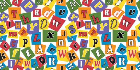 Vector seamless pattern of newspaper cut random letters. Magazine color torn paper collage alphabet background. Clipping font wallpaper, print, textile, fabric, wrapping.