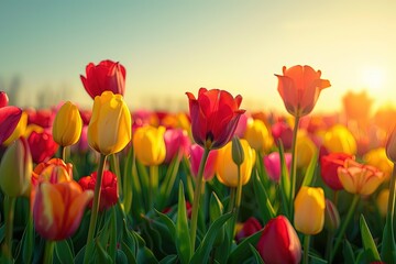 A photograph of a vast field of tulips, showcasing a spectrum of vibrant colors from deep reds to bright yellows, bathed in the soft glow of the golden hour sun