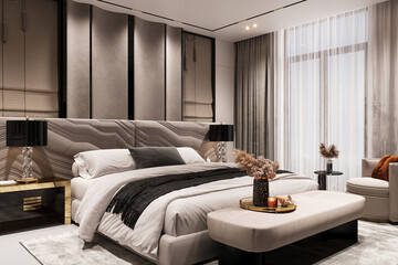 luxury studio apartment with a free layout in a loft style in white scheme bedroom interior