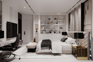 Master bedroom interior in luxury apartment features king size bed,  computer desk, TV