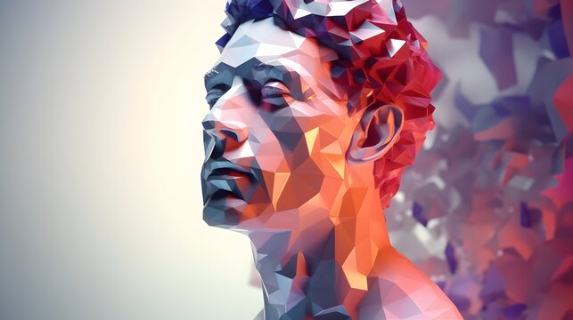  Step into the future of digital artistry with a breathtaking low poly human head, bathed in polygonal light, serving as an allegory for intelligence and AI, portrayed with precision in stunning HD 