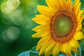Obraz premium A single sunflower, captured in an extreme close-up. The intricate details of its petals and the vibrant contrast between the deep brown of its seeds and the bright yellow of its petals are emphasized
