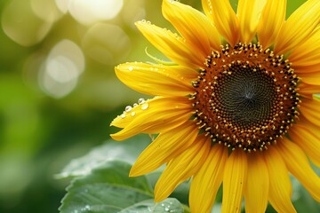 Naklejka premium A single sunflower, captured in an extreme close-up. The intricate details of its petals and the vibrant contrast between the deep brown of its seeds and the bright yellow of its petals are emphasized