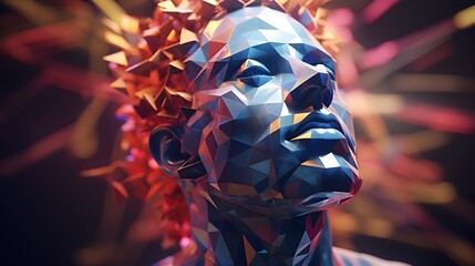  Witness the fusion of art and technology in a captivating low poly human head, intricately crafted to symbolize intelligence and AI, with polygonal wireframe detailing, presented in mesmerizing HD