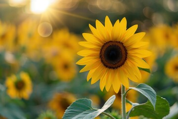 Fototapeta premium A single sunflower in a sunlit field, detailed view of its bright yellow petals and dark brown center, with soft-focus sunflowers and green foliage in the background