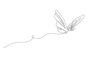 One line butterfly illustration. Outline vector animal. Continuous single hand drawn sketch. Summer insect in trendy doodle style