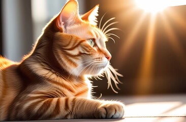 A fluffy orange cat basking in a warm ray of sunshine, a love of coziness and comfort.