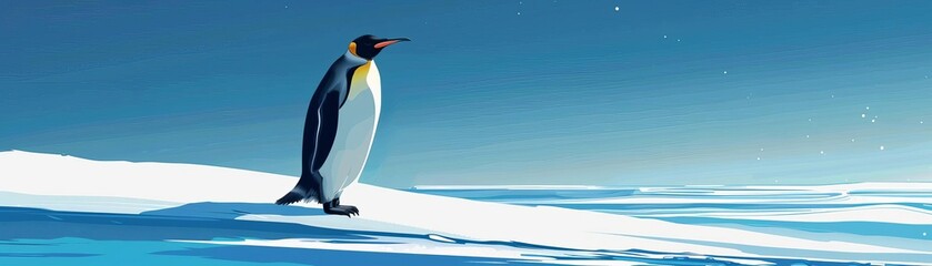 Penguin waddling on Antarctic ice, crisp clear sky, vibrant cold blue hues, wide shot, sharp focus