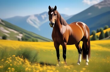 Chestnut horse in a meadow with yellow flowers on a mountain background, depicting the concept of nature and wildlife. Domestic Friend. 