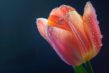 A single tulip with radiant dew drops, isolated on a dark background. Studio lighting focuses on the tulip's shape and the dew's clarity