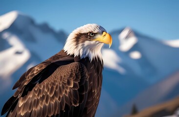 A noble eagle against a background of high mountains. A symbol of strength and freedom.