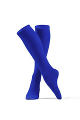 Close-up shot of a pair of blue shadow-proof knee socks with closely rims on the top. The pair of knee high socks are isolated on a white background. Front and side view.