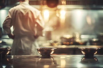 Table with bowls and blurred background with kitchen and cook.