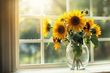 A vibrant display of sunflowers, brimming with happiness and vitality, elegantly arranged in a transparent glass vase on a sunlit windowsill