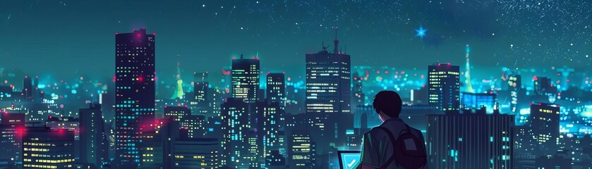 Remote worker on a Tokyo rooftop, city skyline at night, neon lights, clear starry sky, midshot, dramatic lighting