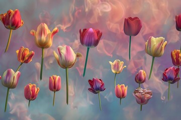 A whimsical arrangement of mixed color tulips, floating mid-air with a surreal, dreamy sky backdrop