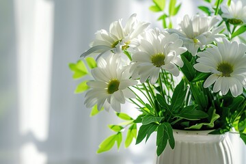 An elegant floral arrangement of white daisies and lush green foliage, symbolizing purity and innocence, in a sleek, modern vase