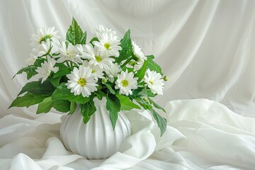 An elegant floral arrangement of white daisies and lush green foliage, symbolizing purity and innocence, in a sleek, modern vase