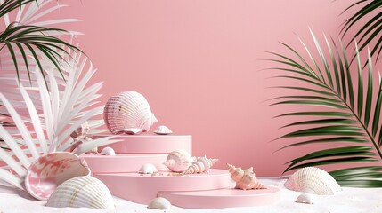 Summer-inspired mockup podium adorned with seashells and palm leaves, evoking beach vibes.