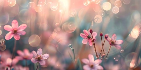 A serene image of delicate pink wildflowers against a soft bokeh effect, creating a tranquil, dreamlike atmosphere.