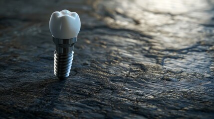 A single dental implant with a ceramic crown displayed on a rugged, dark surface with a shallow depth of field.