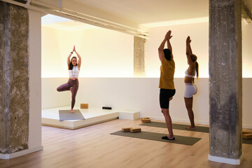 A group of people are practicing Vrksasana or tree yoga pose in a room. Yoga class.