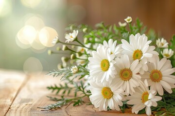 An elegant wedding centerpiece featuring white daisies and green foliage, set on a rustic wooden table under warm, ambient lighting