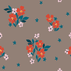 Seamless floral pattern, simple liberty ditsy print, abstract ornament in folk vintage motif. Cute botanical tile design: tiny hand drawn red flowers, small leaves on brown. Vector illustration.