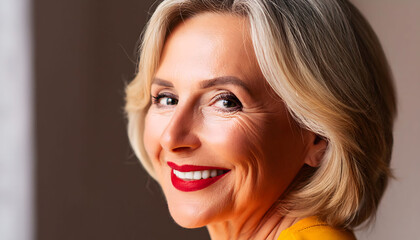 Naklejka premium The pleasant-looking middle-aged woman, smiling towards the camera in close-up