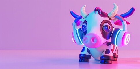 Cute cow with holographic headphones. 3D illustration in futuristic style.