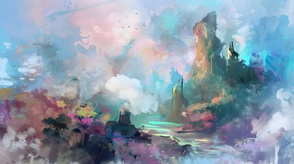 Vibrant and Dreamlike Landscape Painting with Serene Mountain Scenery and Flowing River
