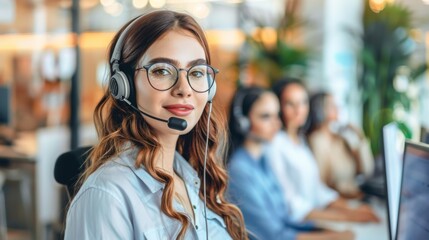 Focused female call center agent with headset working in modern office.