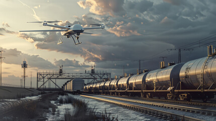 A military reconnaissance UAV flies over railway tracks against a cloudy sky. A drone hovers over a train with several carriages in the background