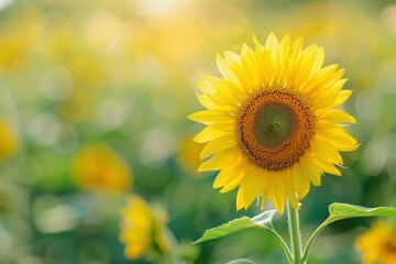 Obraz premium A close-up, artistic shot of a single sunflower among many, focusing on the intricate details of its petals and the vibrant colors that symbolize happiness and positivity