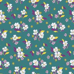 Seamless floral pattern, liberty ditsy print, abstract flower textile, wallpaper decor. Artistic botanical design, nature fashion: small hand drawn flowers, tiny leaves falling. Vector illustration.