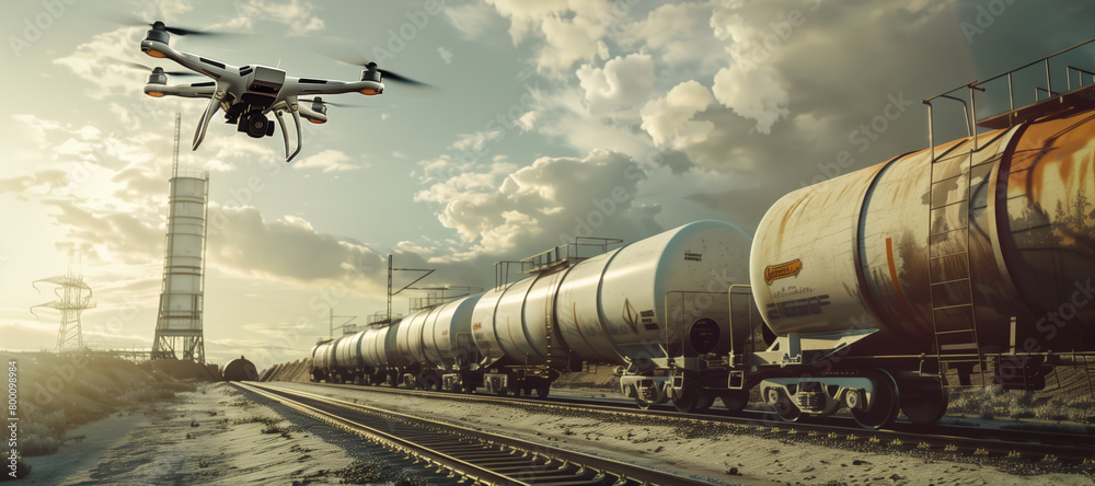 Wall mural A military white UAV flies over a train full of oil tanks. The concept of smart warfare. Modern technologies in action