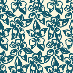 Seamless floral pattern, artistic ditsy print, abstract ornament in liberty sketch style. Hand drawn botanical design in two colors: large blue flowers, small leaves on white. Vector illustration.