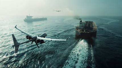 A white modern combat UAV flies over a large ship in the ocean. A drone attacks an oil tanker at...