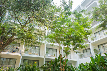 Fototapeta premium Modern Hotel building with tree ,Minimalistic design.