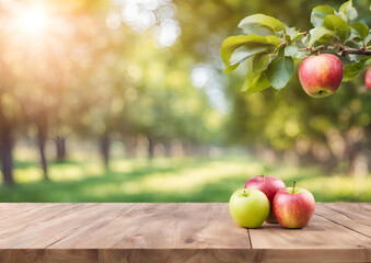 Background wooden table top on blur apple garden . For montage product display or design key visual layout