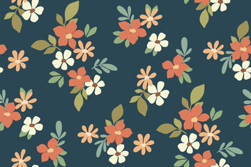 Seamless floral pattern, liberty ditsy print, cute abstract flower ornament in autumn colors. Pretty botanical design: small hand drawn flowers, tiny leaves, simple mini bouquets on blue field. Vector